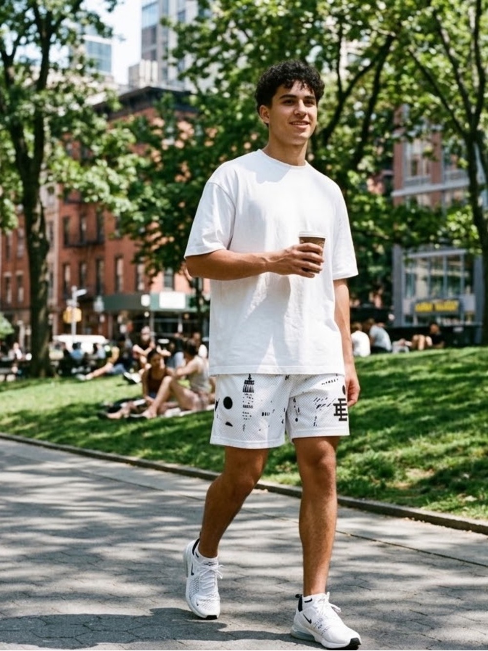 Eric Emanuel White Mesh Athletic Shorts with Black Graphic Print